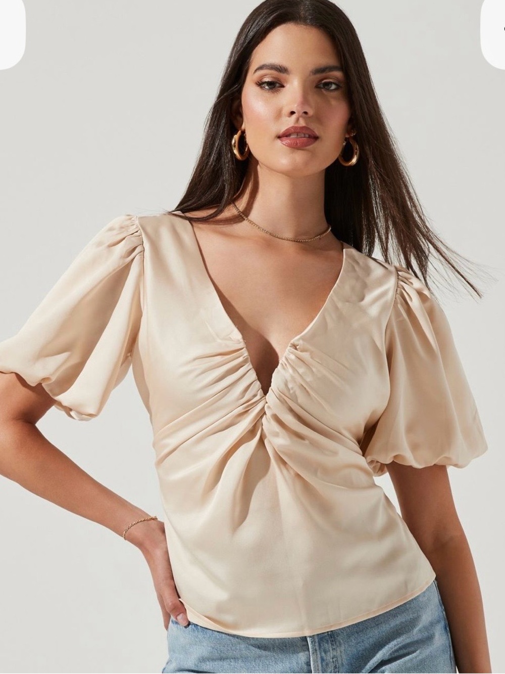 Astr Satin Ruched V-Neck Puff Sleeve Top - Cream
